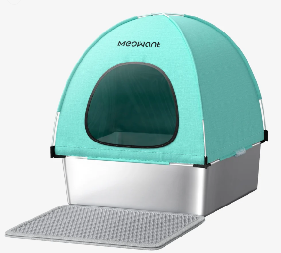 Meowant LB05 3-in-1 stainless steel cat litter box with Oxford fabric privacy hood and litter mat