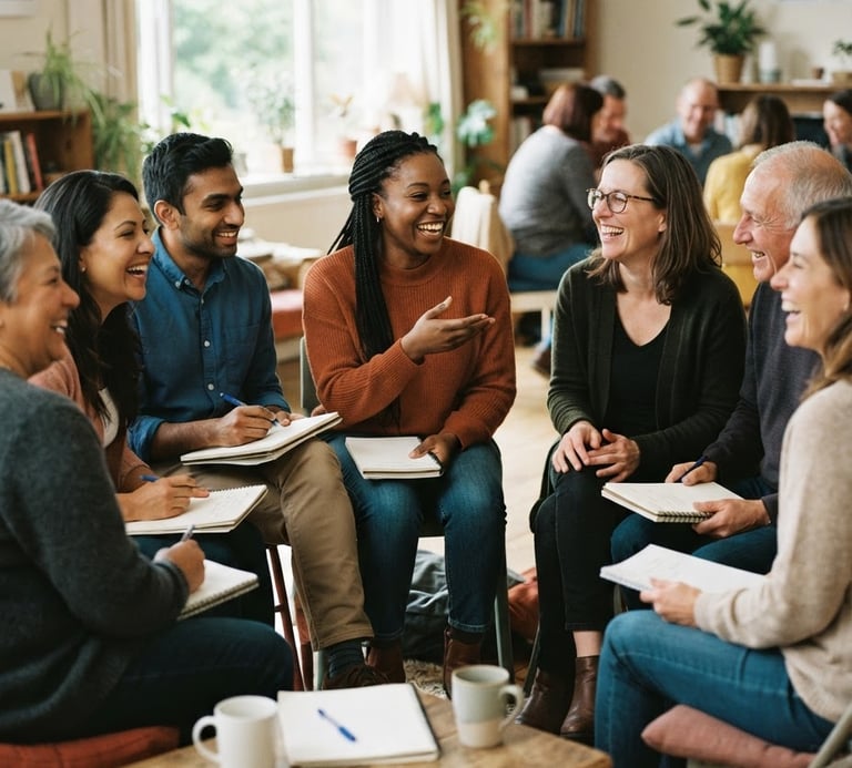 A warm, candid medium shot of a diverse group of adults sitting in a circle, laughing and collaborating during an interactive workshop, soft natural window light, earthy tones, 35mm photography.