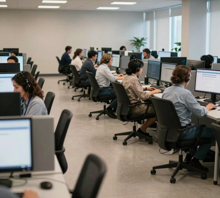 Wide shot of a call center operations floor from a low angle, rows of agents at workstations with monitors lit, diverse team members visible mid-conversation, soft fluorescent fill matching daylight, documentary realism, depth of field showing scale