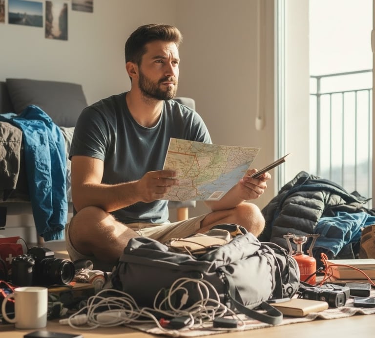 a man sitting on a couch with a map of the world