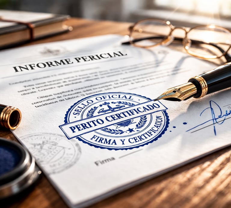 Dictamen pericial oficial de patrimonio con sello de Perito Certificado y firma técnica para proceso