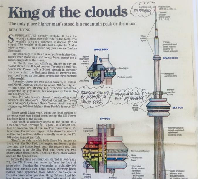 Magazine showing the parts Pengelly contributed to the construction of the CN Tower