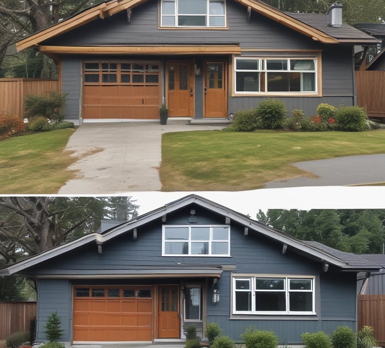 Before and after of a freshly painted Vancouver home exterior in red, blue, and white tones.