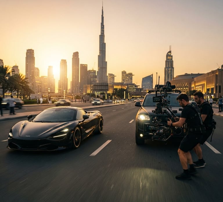 Wide panoramic shot of a professional camera rig on a tracking vehicle filming a luxury supercar at golden hour in Downtown Dubai, anamorphic lens, high-contrast rim light