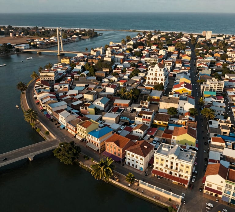Elegant aerial view of Dakar's coastline showcasing modern buildings and vibrant city life.