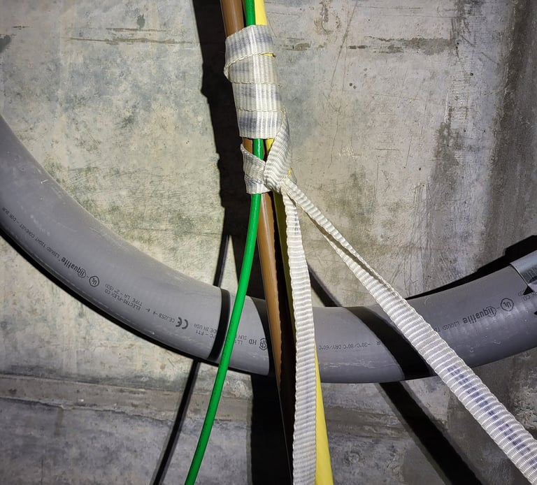 Schwäbisch Hitch pulling in 3/0 THHN high voltage wires with Mule Tape 