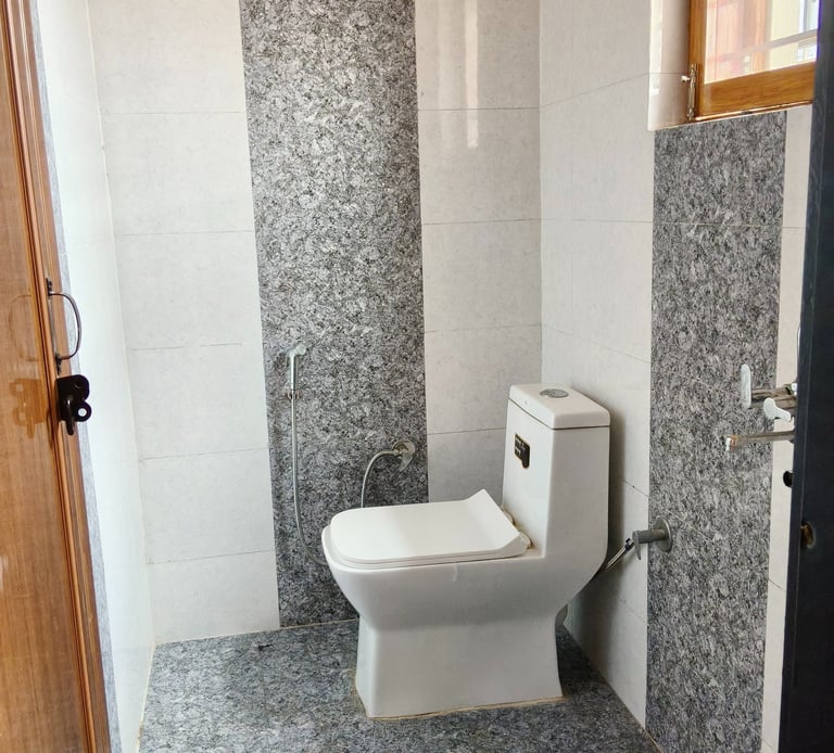 Modern bathroom featuring a white ceramic toilet and grey granite wall and floor tiling.