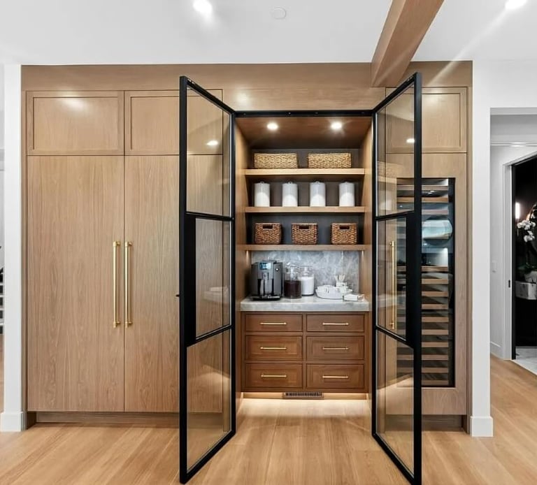 Built-in cabinet with open shelving, storage drawers, and glass doors in a home interior.