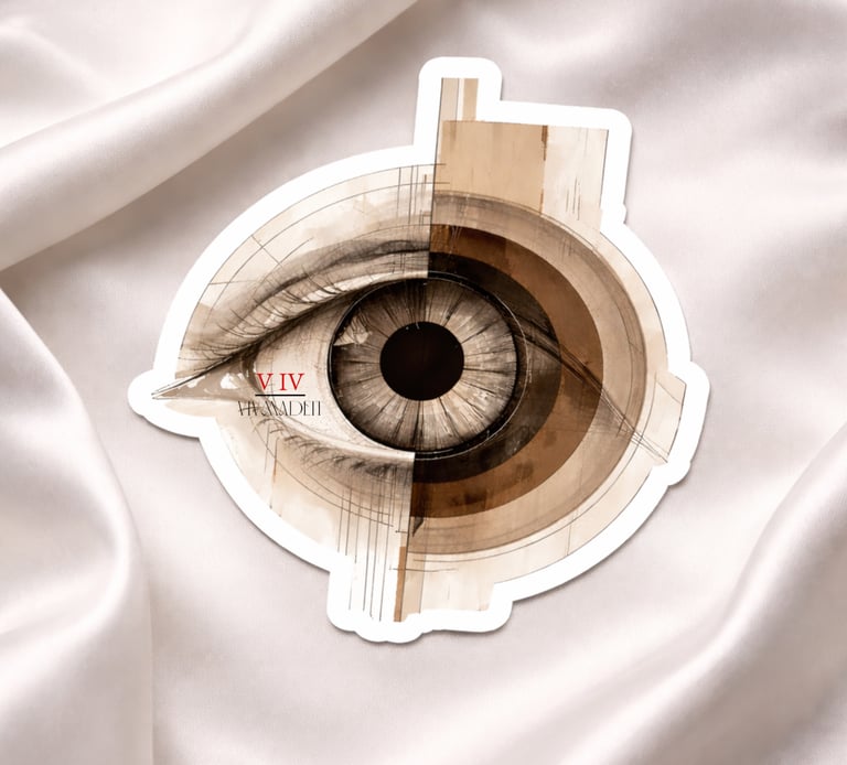 Surreal eye sticker with geometric sketches on draped white silk fabric background.