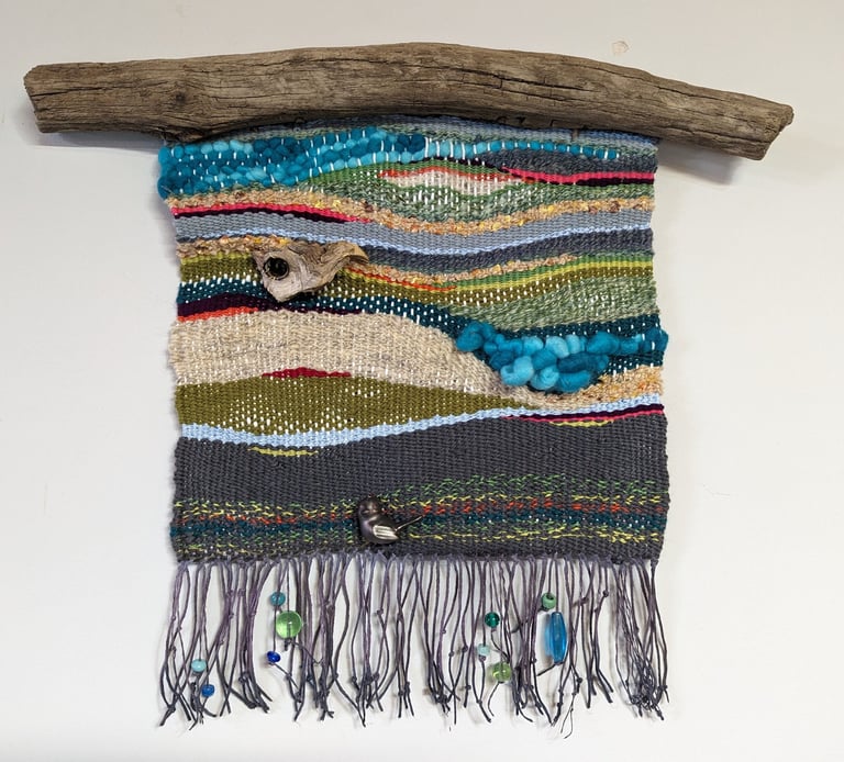 tapestry weaving, wall hangings, Mississippi drift wood, glass beads, birds
