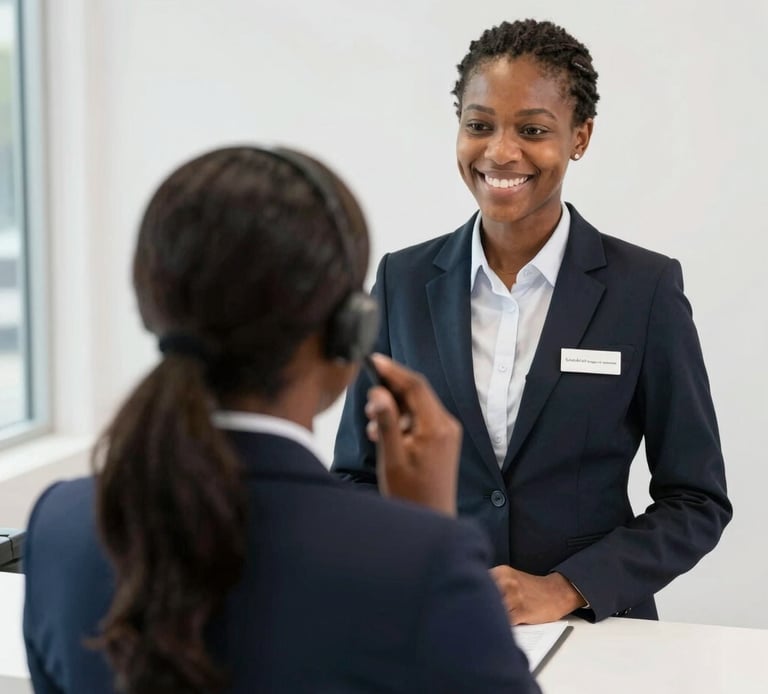 A friendly engineer at Tunasha Technologies answering a call in a bright, modern office.