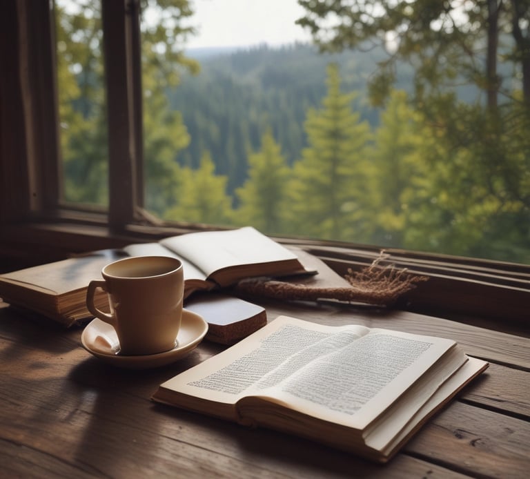 A cup of coffee and a book on a table