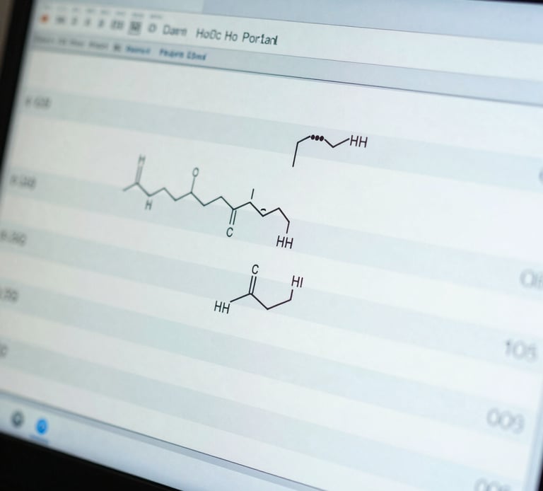 Close-up macro shot of a detailed analytical readout on a laboratory screen, showing chemical compound data, cool bright lighting, sharp focus, 35mm.