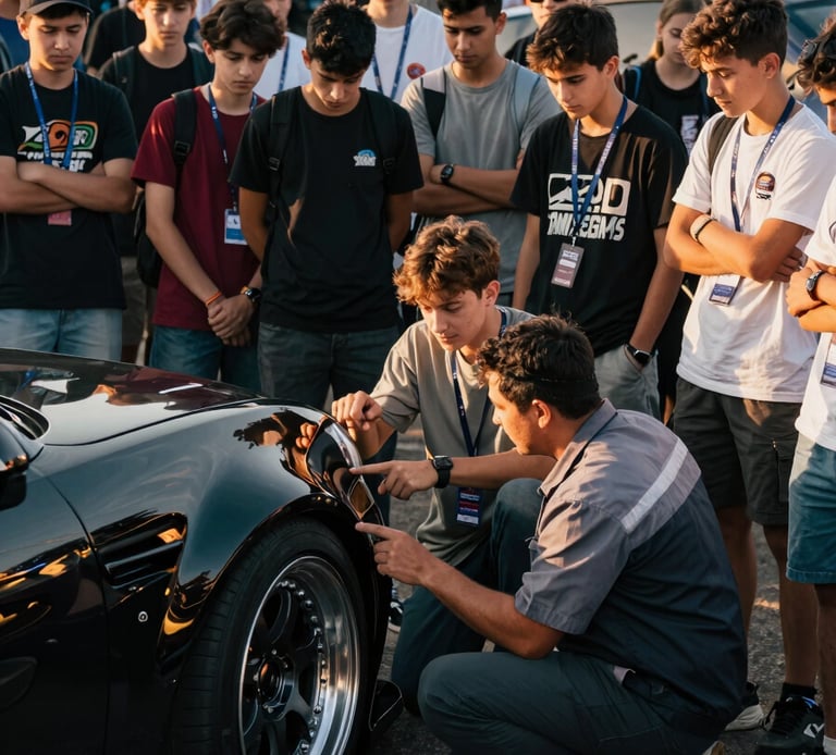 Eye-level wide shot of a crowded outdoor car show event floor, a group of young students clustered around a lowered custom vehicle, one teenager pointing at the wheel arch while a technician in a work shirt crouches beside them explaining, golden-hour sunlight raking across the crowd