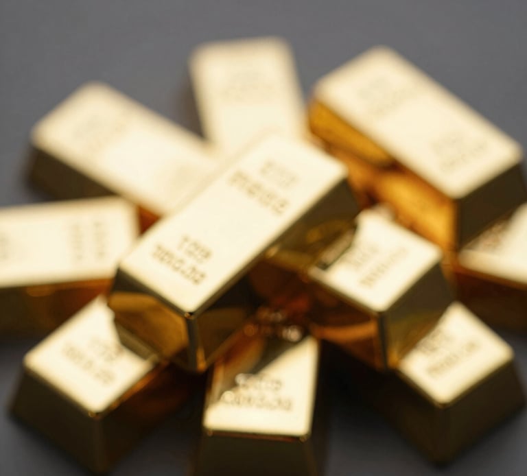 Three polished gold bullion bars with engraved serial numbers on a dark background for investment and wealth concepts.