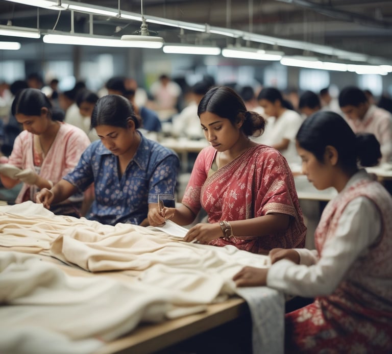 A skilled tailor carefully stitching a vibrant school uniform in a bright, organized factory setting.