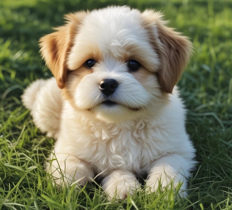 a small Mal-Shi dog standing on top of a lush green field