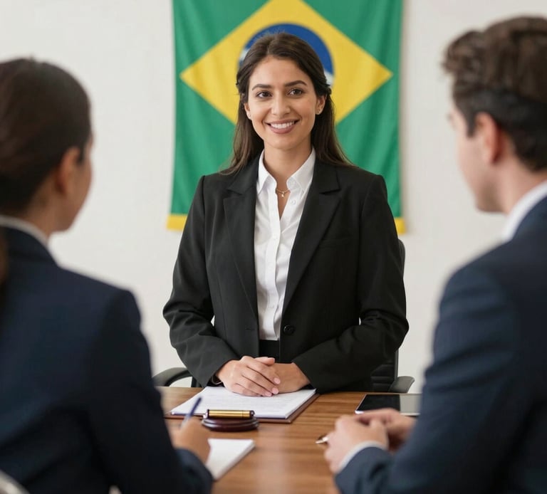 A professional lawyer consulting with a client in a modern office setting.