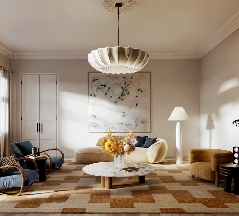 Diseño interior de living. combinaciones de colores y texturas variados. Estilos Moderno Mid Century