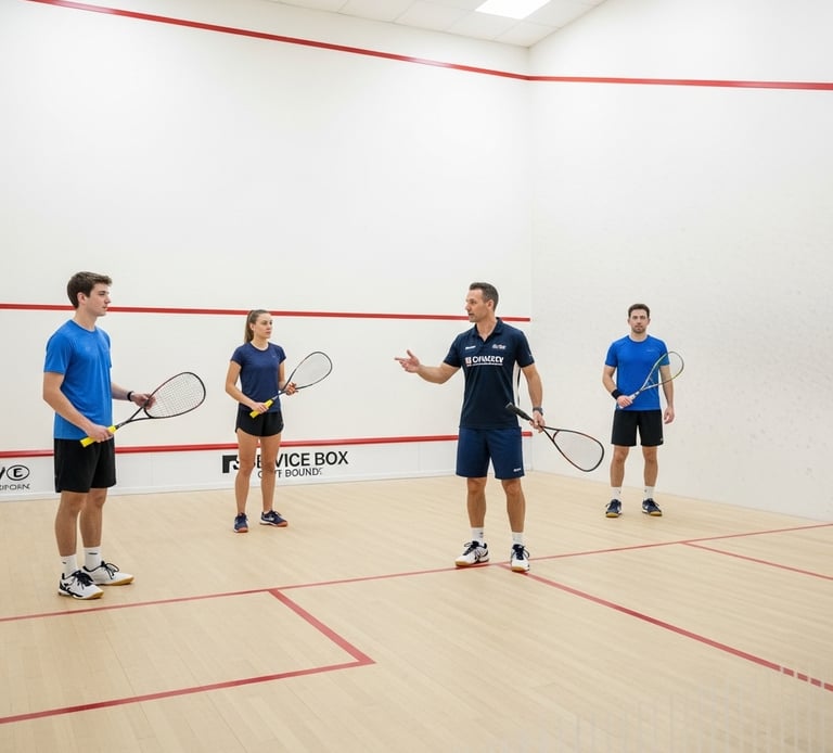 Three men and woman playing squash on a squash court