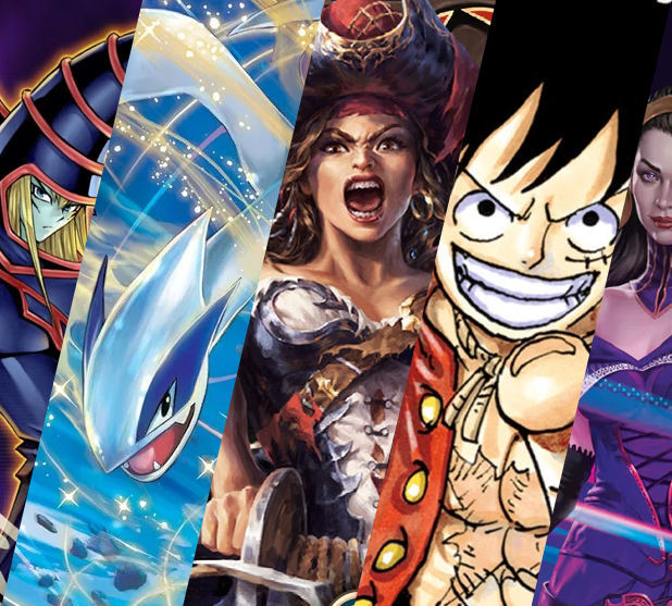 A collage displaying the TCGs Yu-Gi-Oh!, Pokemon TCG, Flesh and Blood, One Piece TCG and MTG.