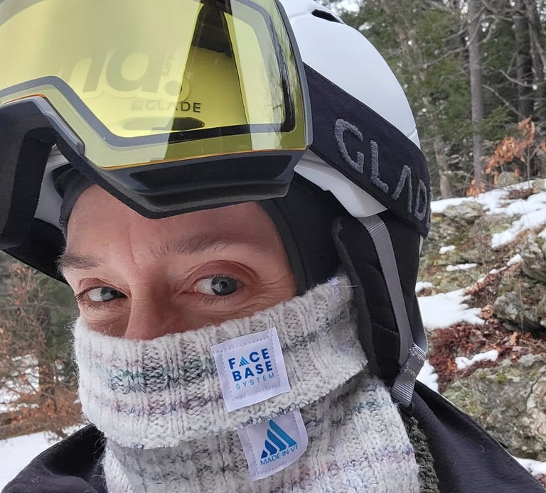 Photo of FACE BASE founder Amy wearing FACE BASE prototype