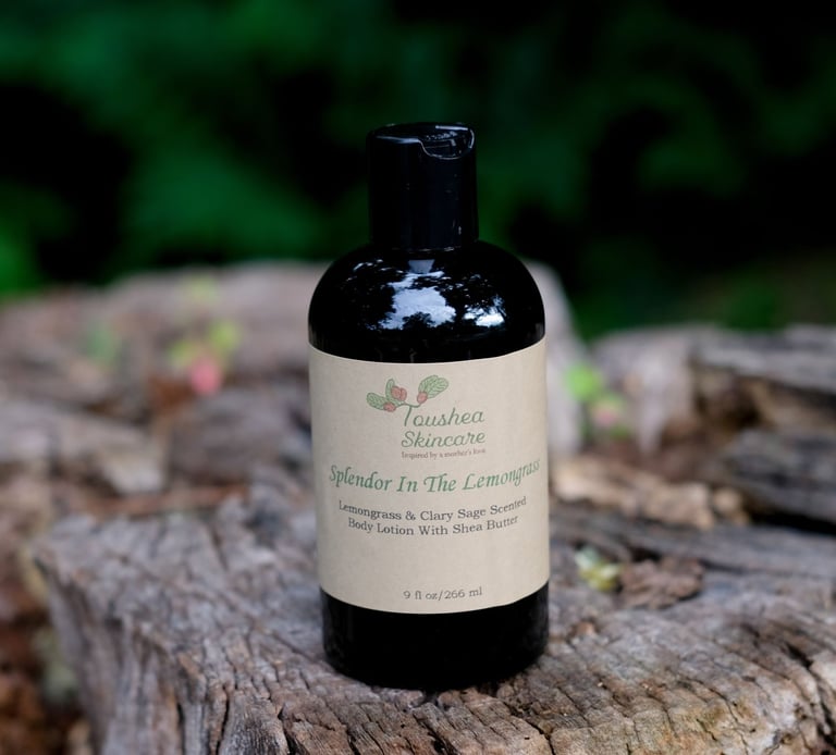 lotion in a black bottle on a tree stump