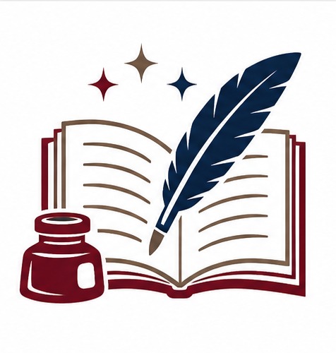 A professional author icon featuring an open book, quill pen, and ink bottle.