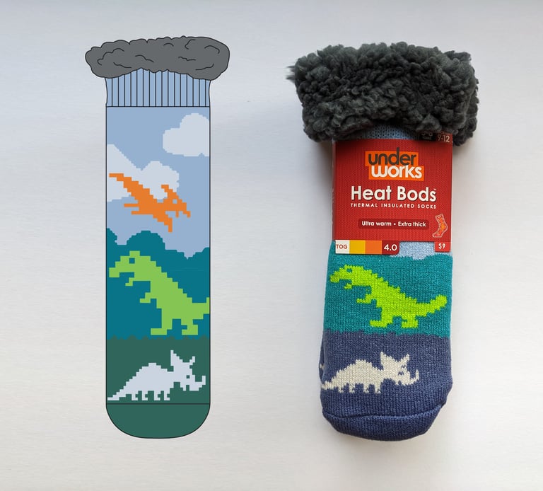 Pixel Dino - HeatBods Sherpa Socks (Underworks)