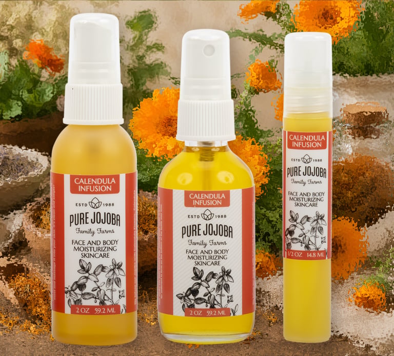 Pure jojoba moisturizing skincare bottles with calendula infusion on a floral background.