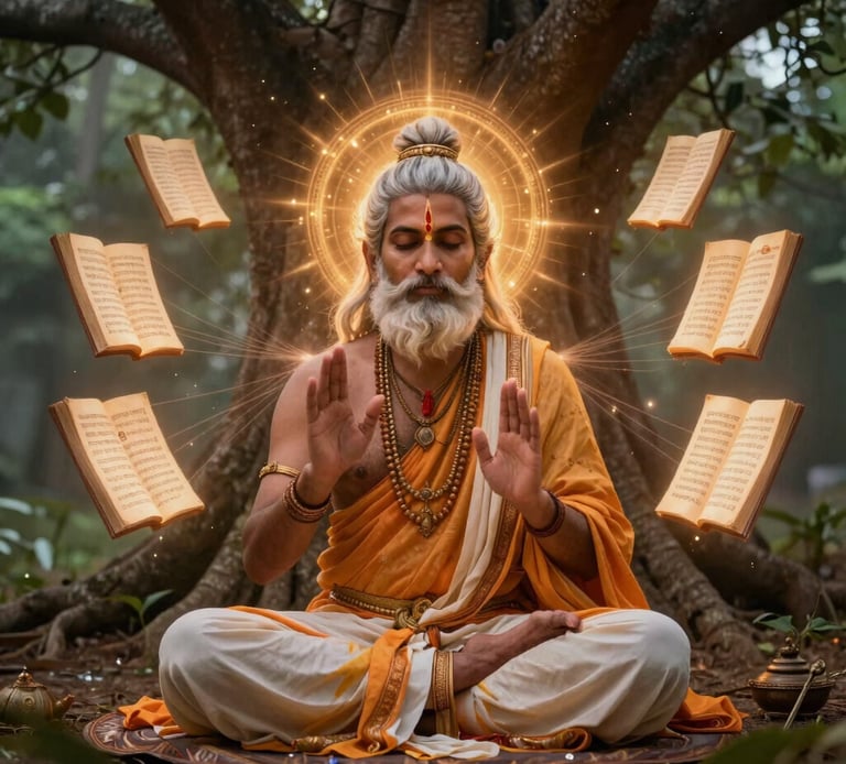 A serene temple courtyard bathed in golden light at dawn, with soft orange hues blending into the sky.