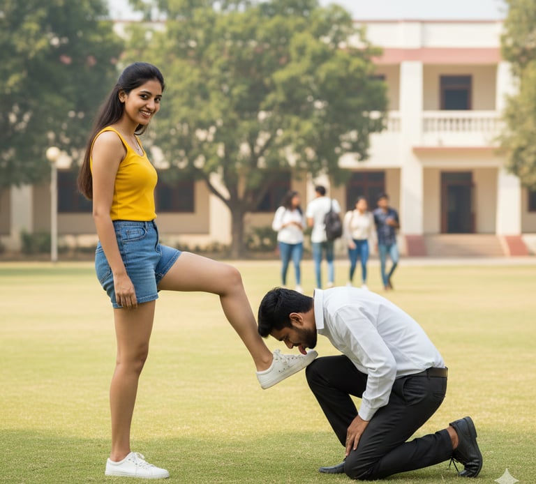 a girl wearing yellow dress standing in outside one boy kiss on girl feet