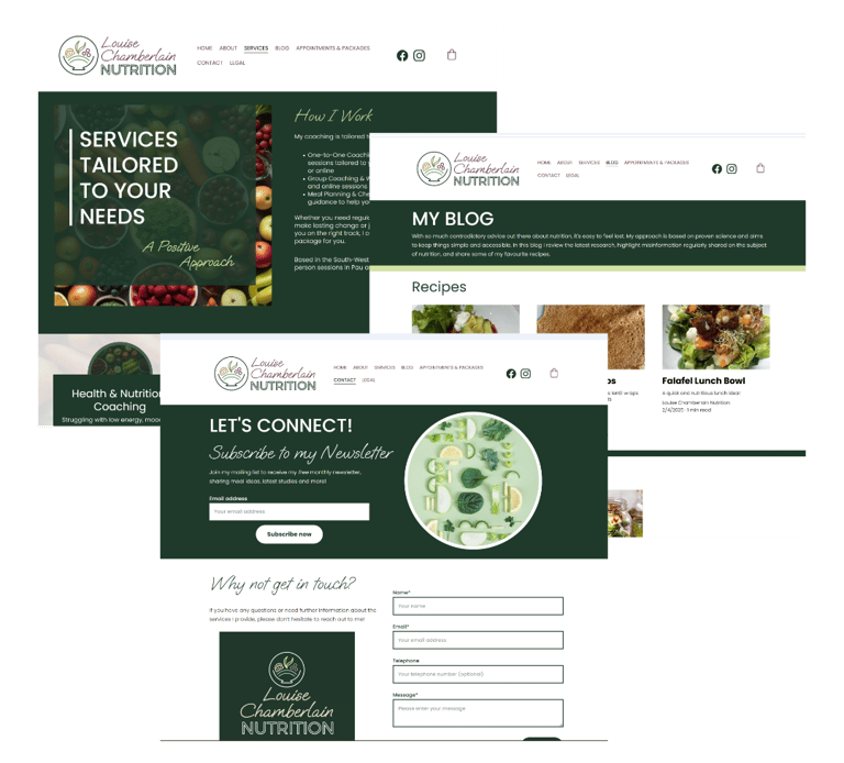 Website design - Louise Chamberlain Nutrition - multi-lingual, contact form, subscription, bookings