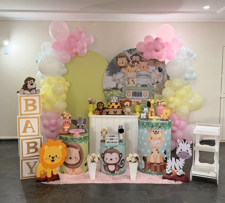 Aluguel de Decoração Infantil Safari Rosa Chá de Bebê, Festa de 1 ano