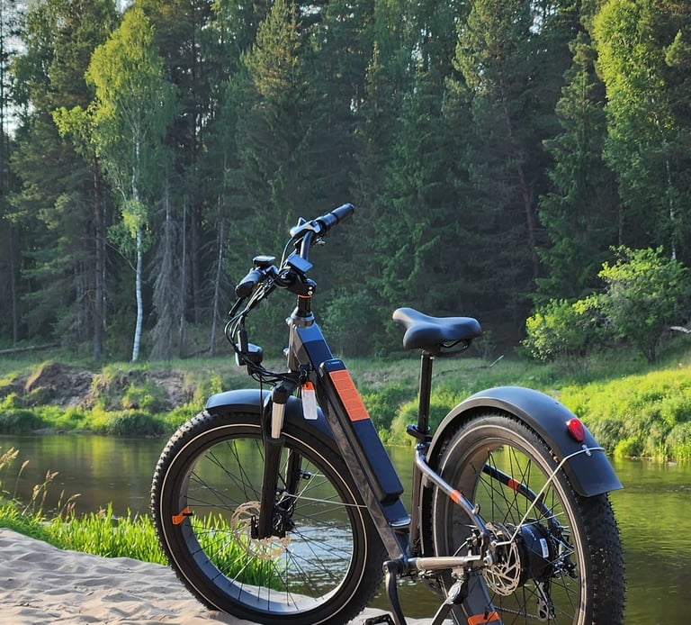 a  fat tire electric rental bicycle parked on sand near a river