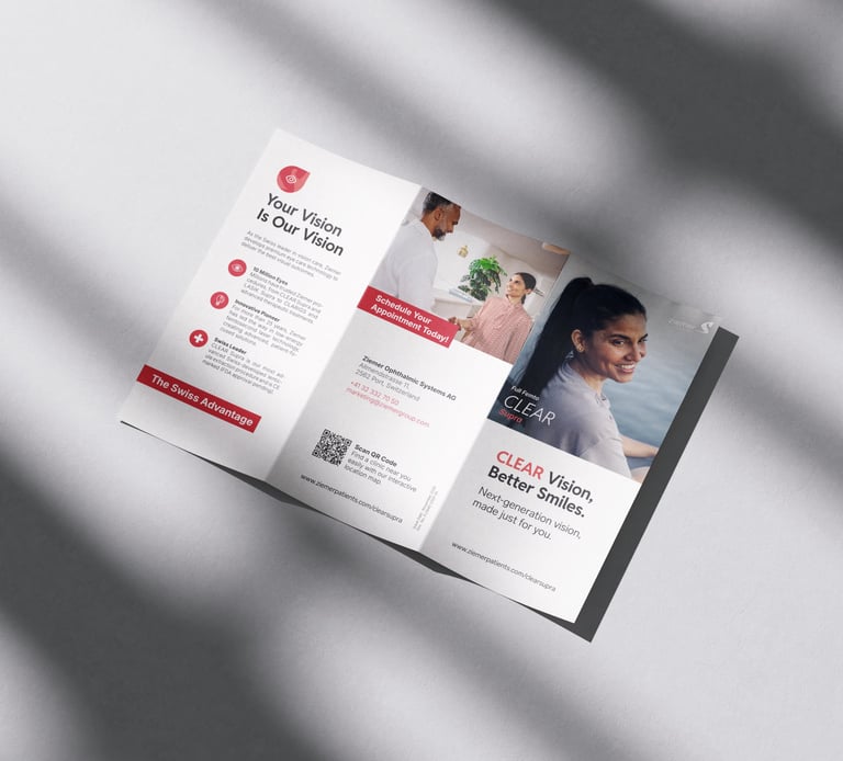 Aussenseite des CLEAR Supra Flyers mit Cover, Firmendetails und Kontaktinformationen.