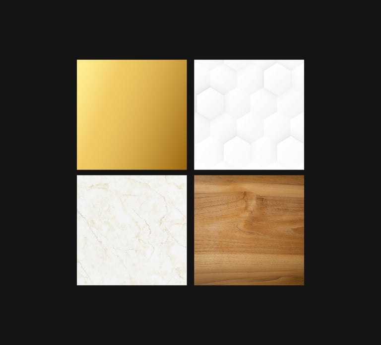 Muestras de texturas de la marca: dorado, hexágonos, mármol y madera