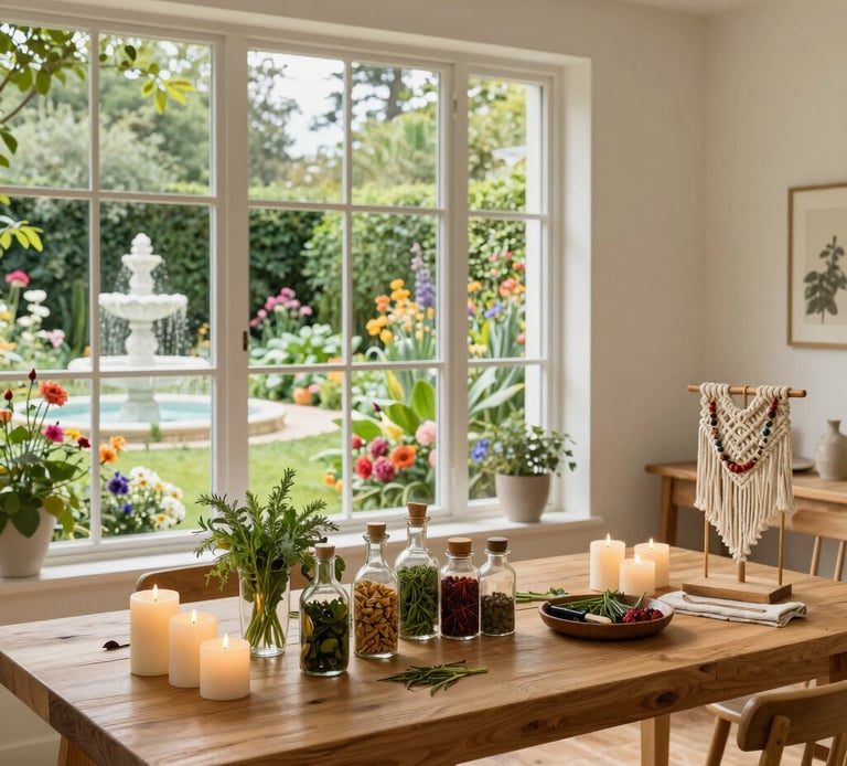 A wood table with candles and herbs on it. It is in a room that has a view of a flower garden.