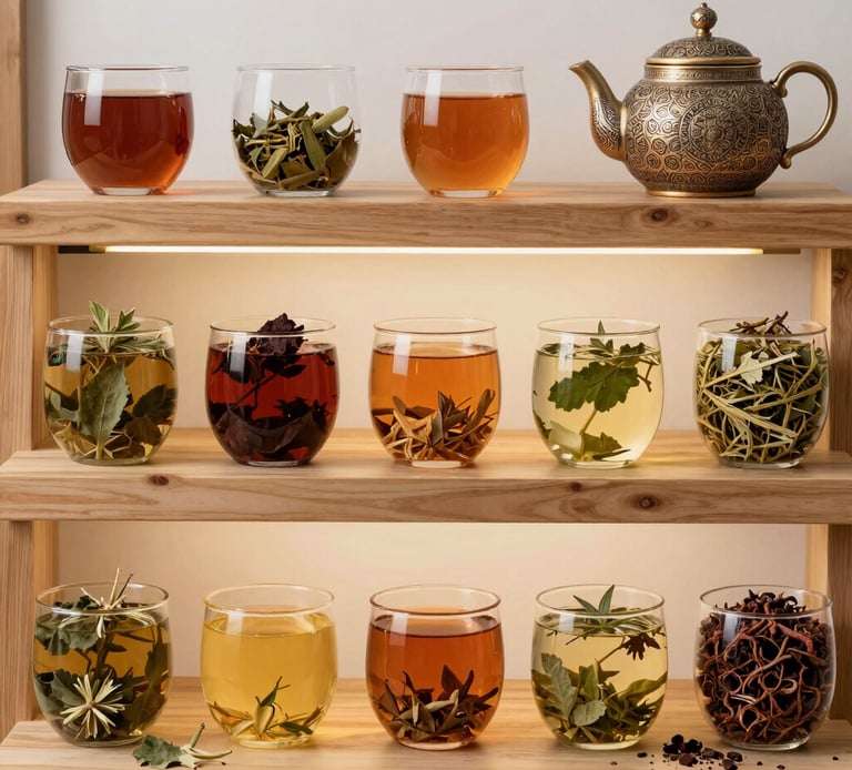 Three-level wooden shelf display featuring 13 glasses of herbal tea with visible herbs and a teapot