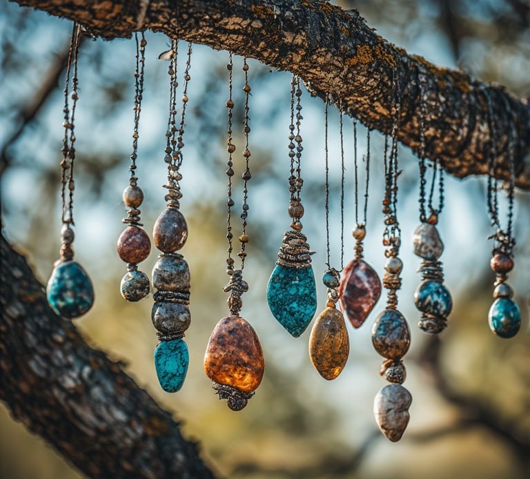 Artisan stone and beaded jewelry hanging from a tree branch in nature