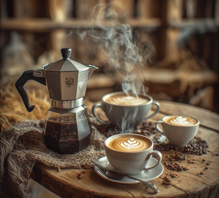 Small rustic wooden table with a coffee pot and three cups of steaming hot coffee