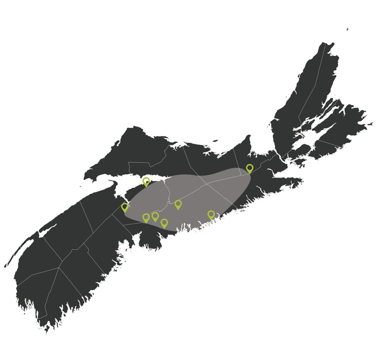 Map of Nova Scotia showing the service area for E&S Septic.