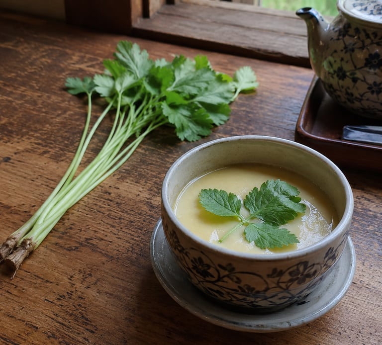 Traditional Japanese chawanmushi savory egg custard in a ceramic bowl with mitsuba garnish on a wooden table.