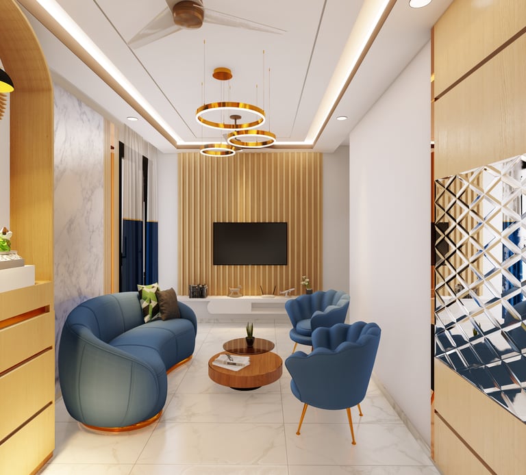 Living room interior design colours blue and golden royal look