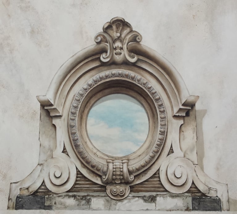 Oeil de boeuf peint en trompe-l'oeil, fausses moulures, ornementations, faux ciel
