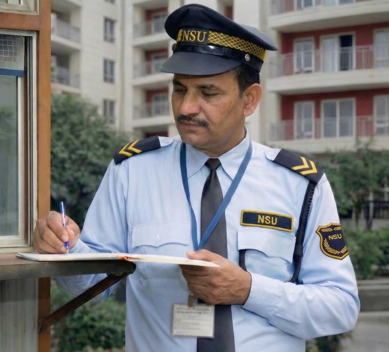 Uniformed residential security guard patrolling an apartment complex
