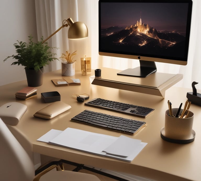 A cozy home office corner with a laptop, microphone, and warm lighting.
