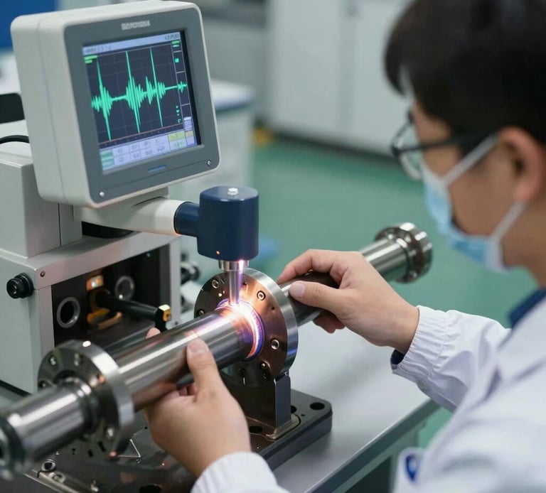 A quality inspector in cleanroom uniform using a high-precision ultrasonic flaw detector on a steel axle weld, screen displaying wave patterns, sharp focus.