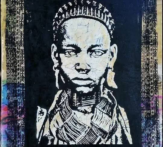 Monochrome portrait of an African figure on black background, stencil artwork by Poliops