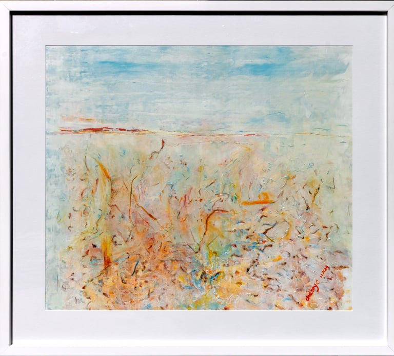 a painting of a landscape with a field of grass